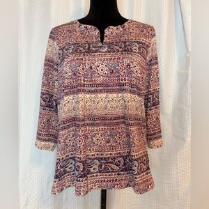 Chaps 100% cotton 3/4 sleeve boho paisley & floral print shirt rivet neckline XL